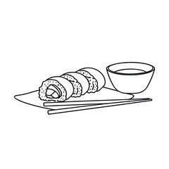 Simple black and white illustration of sushi rolls with dipping sauce and chopsticks