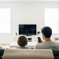Gen AI father and child sitting on the sofa, father on the phone gadget busy with his affairs and work - the child is watching TV - the concept of a modern family - gadgets and children
