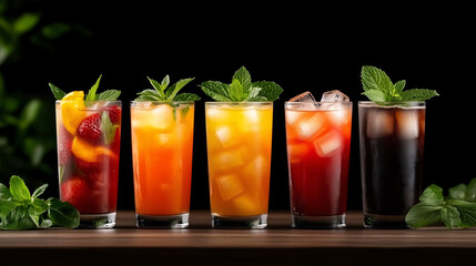 Fototapeta premium three clear glass filled with vibrant red and yellow cocktails garnished with mind, ice cubes and orange again dark black background 