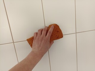 close up of feet in bathroom