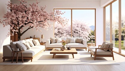 Elegant living space bathed in natural light with blooming cherry blossoms d?cor