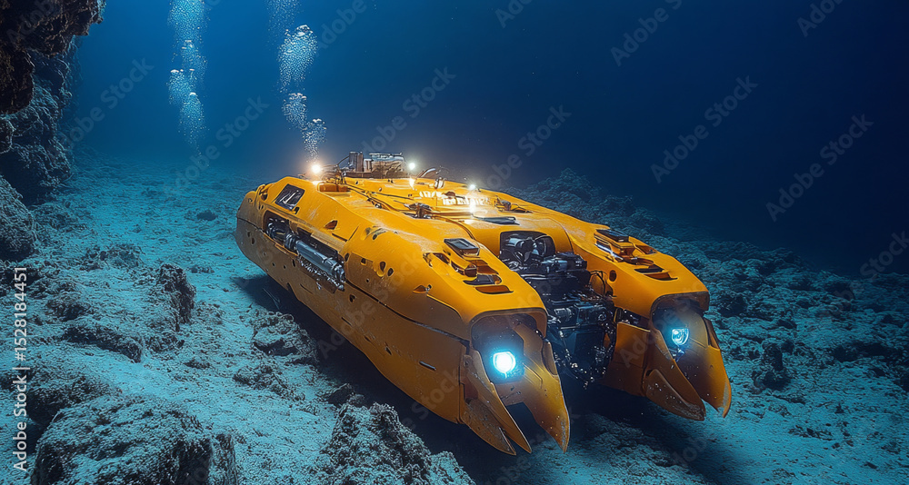 Poster An advanced robot submarine navigates the ocean depths, equipped with powerful lights and technology. Deep-sea explorers observe the underwater landscape filled with marine life and formations.