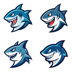 Fototapeta premium Four cartoon shark heads with different expressions in blue and white color scheme on a white background