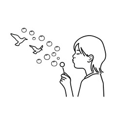 Minimalist illustration of a girl blowing bubbles with birds symbolizing freedom and joy