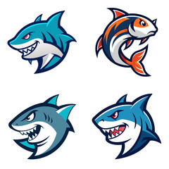 Fototapeta premium Four cartoon stylized fish heads including sharks and a koi in a square arrangement on white