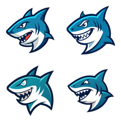 Fototapeta premium Four cartoon shark heads with different expressions and shades of blue on a white background display