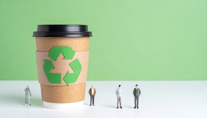 Sustainable choices: A disposable coffee cup with recycling symbol and miniature people
