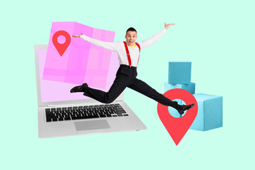 Trendy full art collage of happy man girl jump laptop device geolocation shipment carton box...