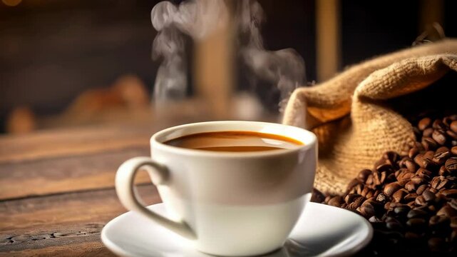Fragrant coffee with steam in a white cup and roasted beans spilled from a burlap sack on a wooden table