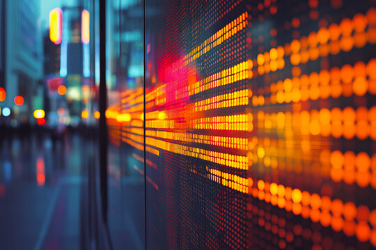 Colorful, abstract image of a city skyline with a large, glowing screen displaying a series of dots. Concept of energy and excitement, as if the city is constantly changing and evolving