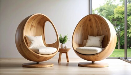 Elegant living space featuring stylish wooden pod chairs and natural outdoor views