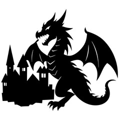  Dragon Silhouette with Castle Vector