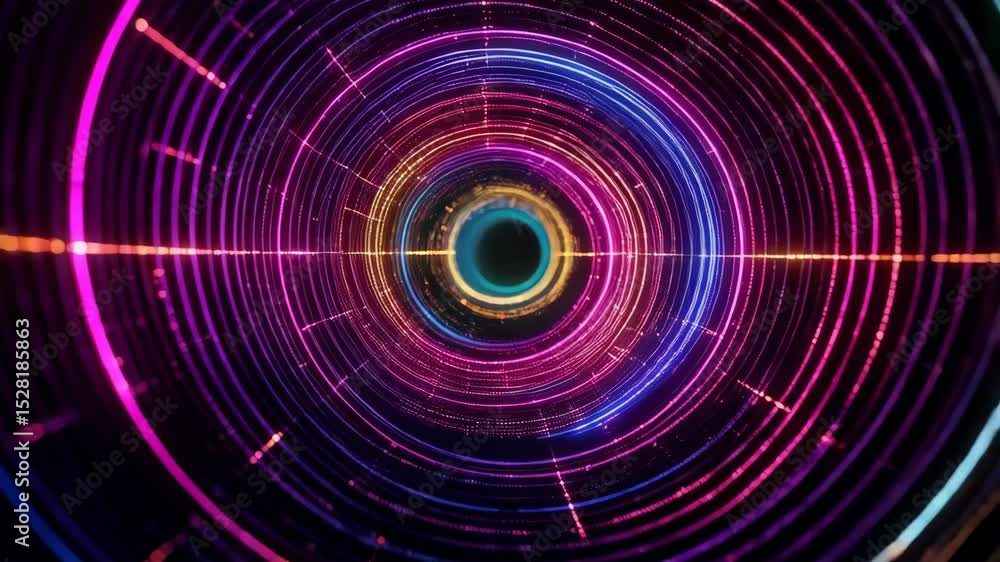 Poster abstract tunnel: glowing digital lines forming a colorful circular vortex, representing technology, 