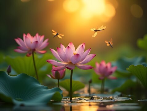 Lotus Flowers Bloom in Pond During Sunrise with Dragonflies Flying