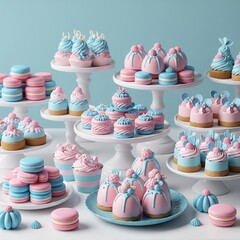 Lots of popular delicious dessert sweets displayed on the table, blue and pink colors for gender party, birthday, sweet table, catering candy bar beautifully decorated area with various sweets that gu