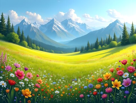 Vibrant Spring Meadow Landscape with Mountains and Flowers A picturesque scene of nature s beauty
