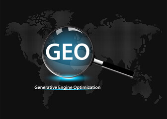 Generative Engine Optimization Concept. Magnifying glass with a GEO word on world map background.