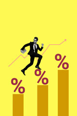 3D collage design composite artwork sketch of young businessman hold laptop run up growth percent increase arrow manager human resources