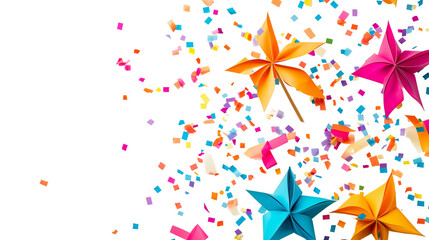 Top view of colorful pinwheel and summer confetti scattered on white background, playful vibe, PNG