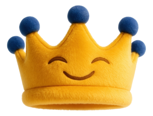 Plush yellow crown with blue tips and a smiling face design, on transparent background.