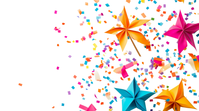 Top view of colorful pinwheel and summer confetti scattered on white background, playful vibe, PNG