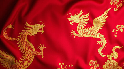 Red Fabric with Golden Dragon Embroidery Chinese Art and Culture