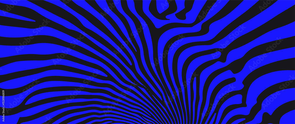 Poster Vector illustration in Op Art style with wavy black lines on a vivid blue background, creating an abstract visual illusion. 