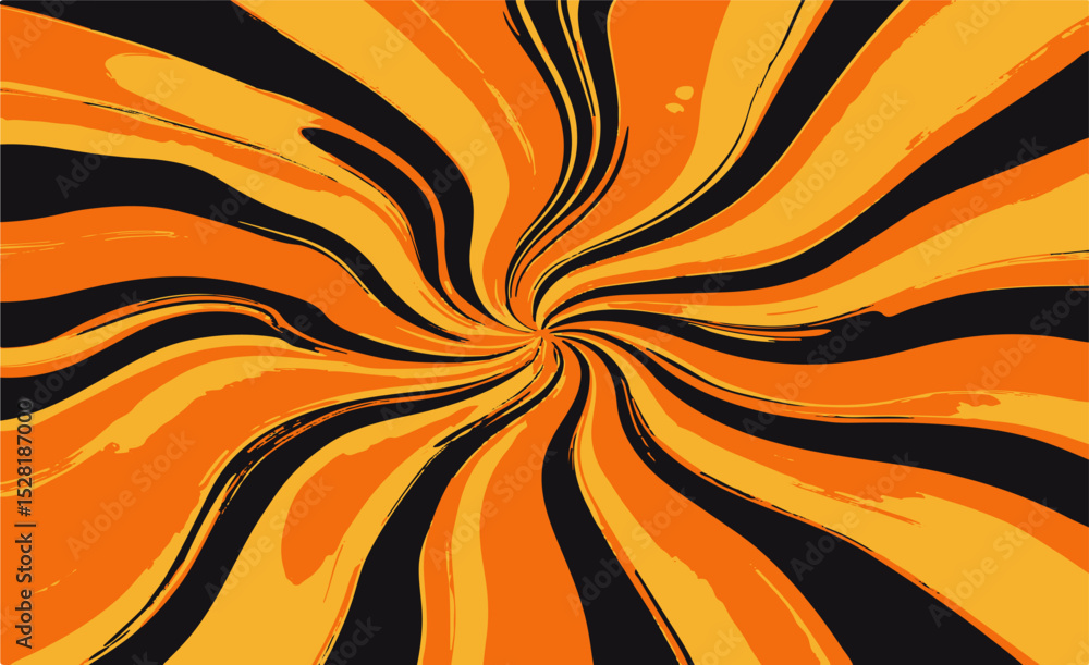 Poster vector illustration in modern grunge op art style: dynamic orange and black spiral with rough, textu