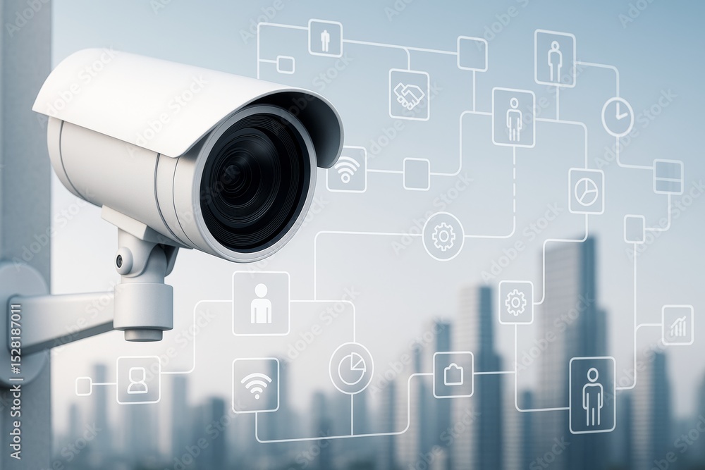 Poster Surveillance camera with digital interface icons on light city background illustrating modern security technology concept. Ai generative.