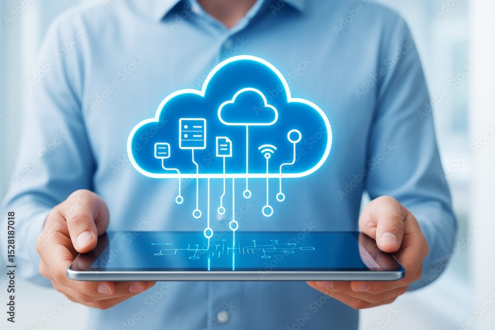 Poster Digital cloud computing concept showing futuristic technology icons floating above tablet held by person in blue shirt on blurred background.