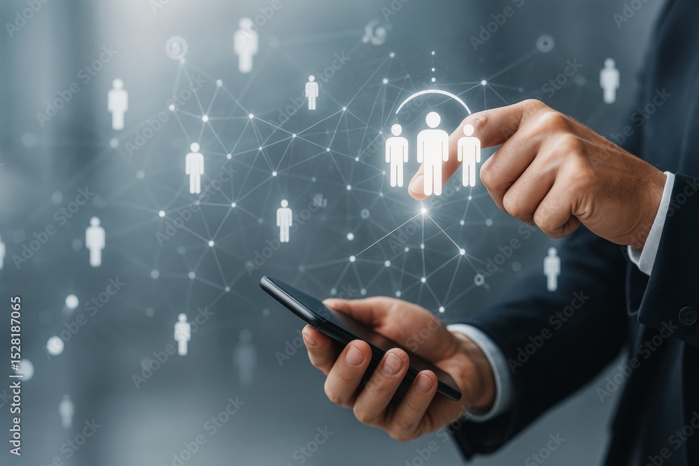 Poster Businessman interacting with digital icons representing human resources and networking on abstract technology background with glowing light concept.