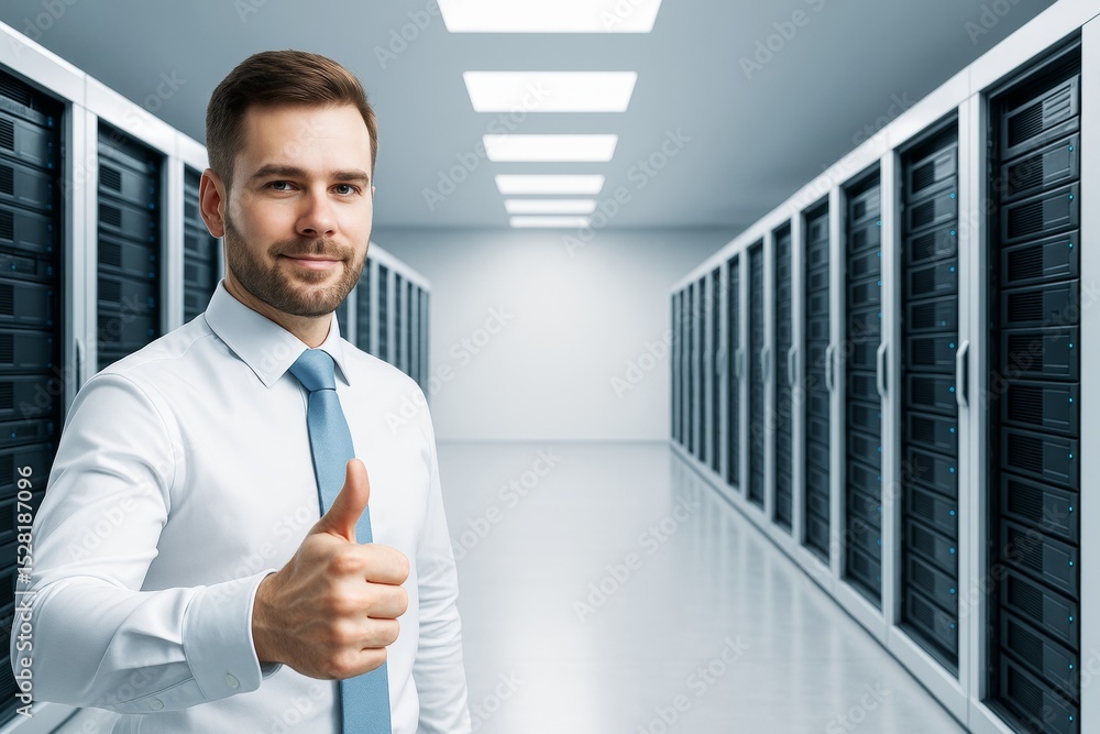 Poster confident it professional giving thumbs up inside modern data center with bright lighting and clean 