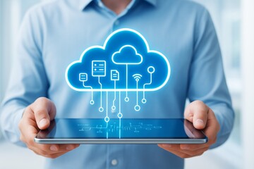 Digital cloud computing concept showing futuristic technology icons floating above tablet held by person in blue shirt on blurred background.