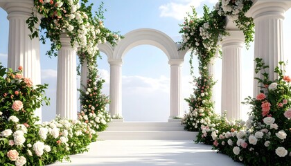 Elegant outdoor wedding venue featuring classic white pillars and floral accents