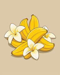 Illustration of fresh bananas with frangipani flowers on beige background