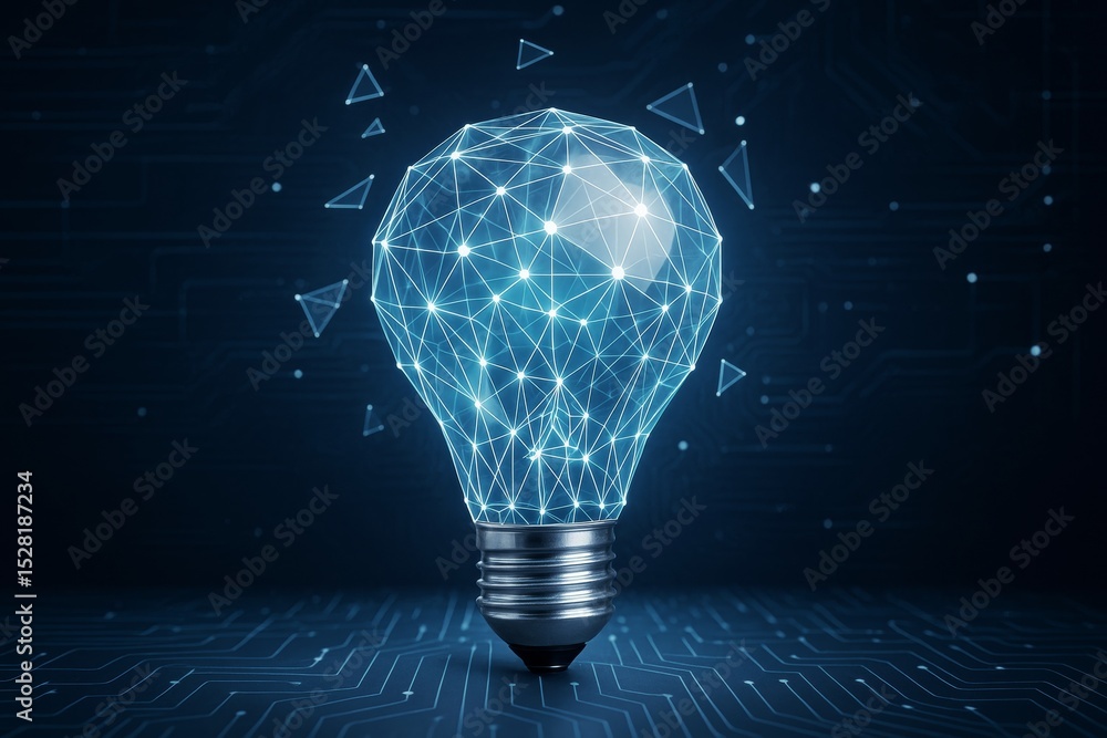 Poster Futuristic digital light bulb composed of glowing polygonal network lines on dark circuit-style background symbolizing innovation and creative technology idea.