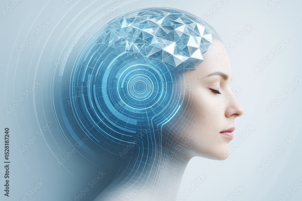 Aufkleber Futuristic digital concept of human mind enhanced with technology in abstract style on light background, showing brain interface and tech connectivity.