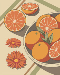 Orange fruits and flowers on a plate. Vector illustration in retro style.