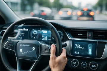 Futuristic car dashboard with digital HUD showing navigation, weather, and driving stats in a smart vehicle interface on a city road background.