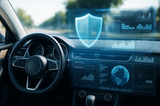 Futuristic car dashboard with holographic cybersecurity interface and data analytics charts on light blurred road background. Ai generative.