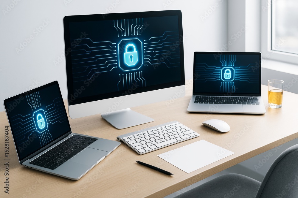 Poster Cybersecurity concept with lock icons on digital computer screens in modern office setup with clean background and natural light exposure.