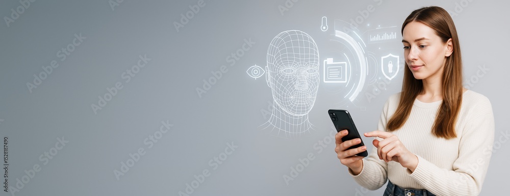 Aufkleber Woman using smartphone with facial recognition and biometric authentication interface on light background for technology and security concept.