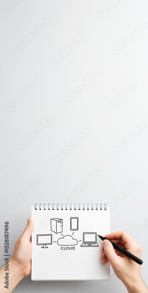 Aufkleber Cloud computing concept sketch on notepad held by hands over clean white background, ideal for tech design mockup or template with copy space.