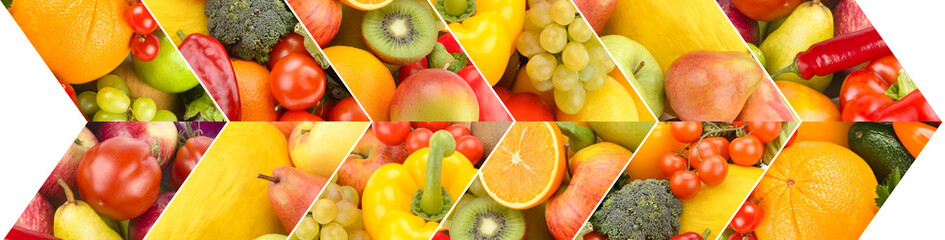 A set of fruits and vegetables. Bright background. Collage.