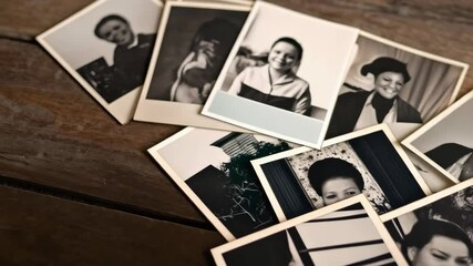 Hands holding stack of vintage black and white family photographs on wooden surface, showcasing smiling faces and memories - Powered by Adobe