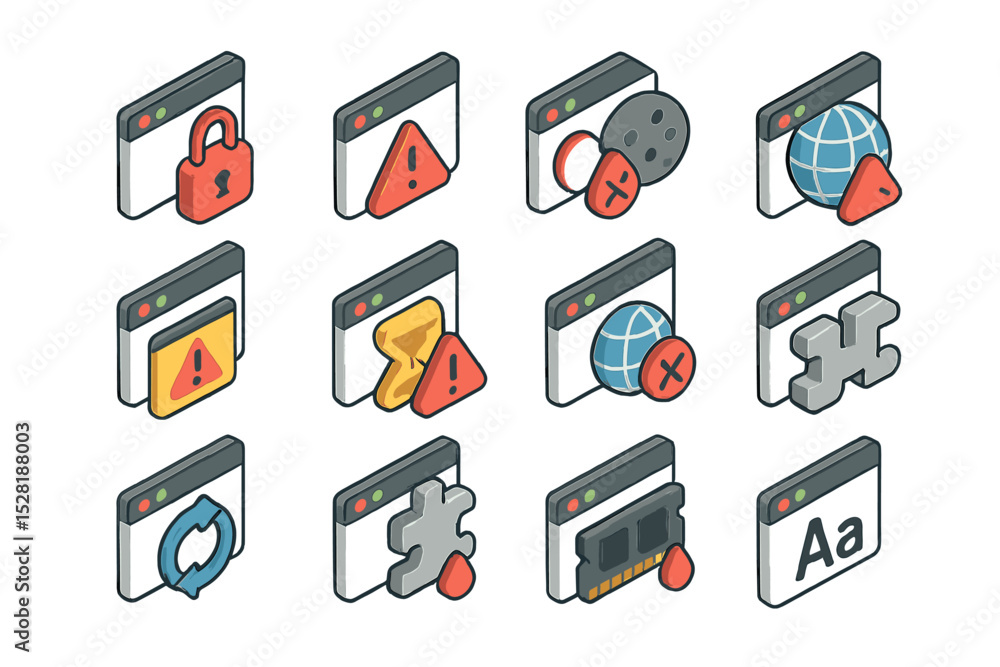 Poster isometric web browser error icons set in vector design