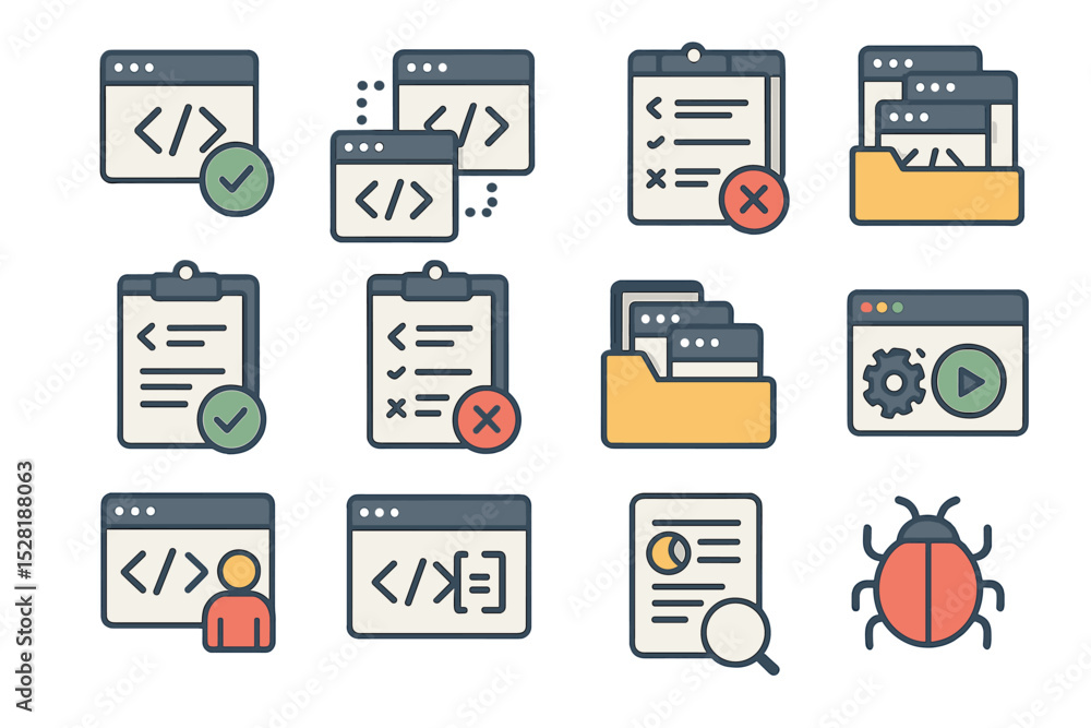 Poster code and development icons set with folders, bugs, and checklists