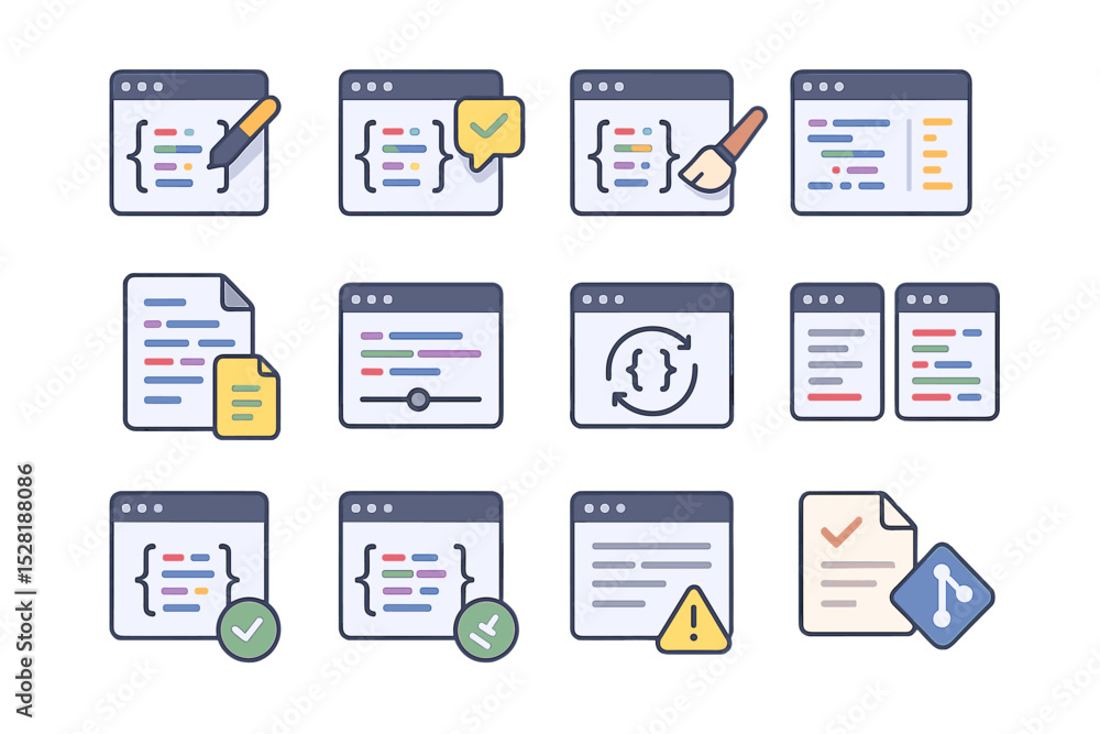 Poster programming code icons set: development, debugging, and review tools
