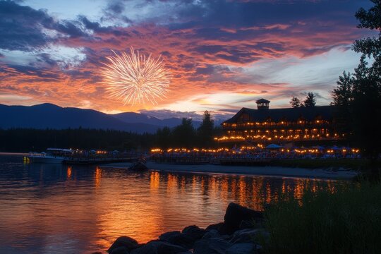 4th of July Celebration at Flathead Lake with Stunning Sunset Reflecting in the Water