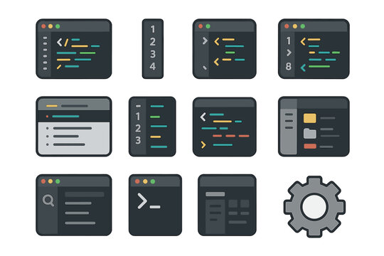 Coding interface layout with command-line and gear icon elements